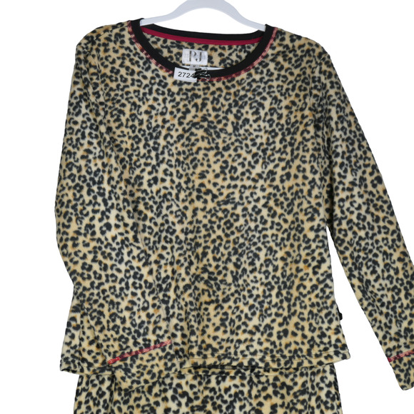 PJ Essentials Cheetah Two Piece Pajama Set Medium Fleece Lounge Pants Soft Warm - Picture 2 of 12